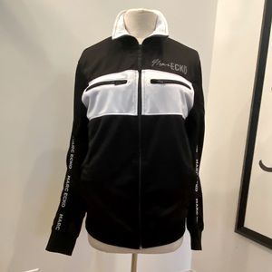 Marc Ecko Mens Black White Full Zip Track Jacket w Logo Down Sleeves / Size L